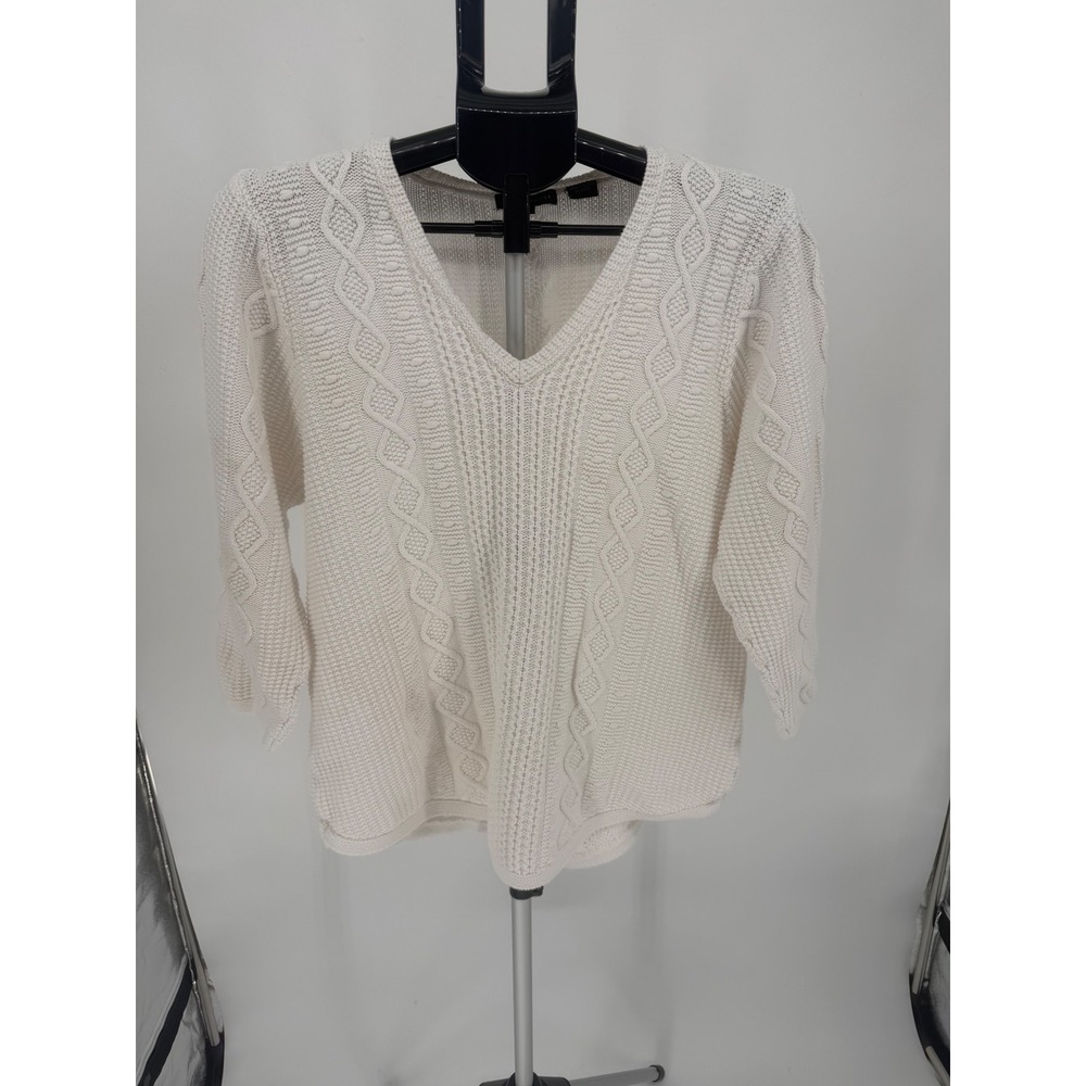 Jeanne Pierre Sweater Women Large Ivory Excellent Cable Knit V-Neck Cotton